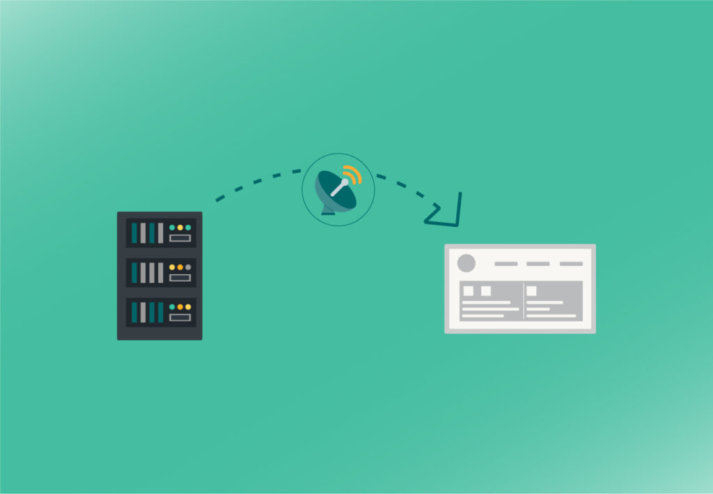 illustration du VPS avec un serveur envoyant un site avec un satellite pour montrer qu'il n'est pas physique