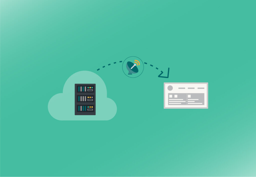 illustration du cloud hosting avec un serveur dans un nuage envoyant un site depuis le cloud